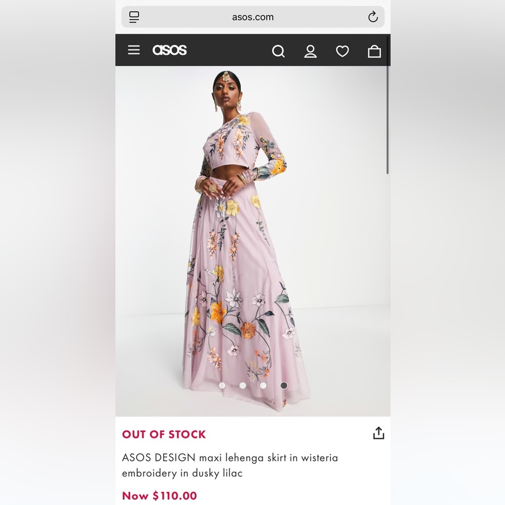 ASOS Maxi Lehenga Skirt and Crop Top In Wisteria Embroidery In Dusky Lilac